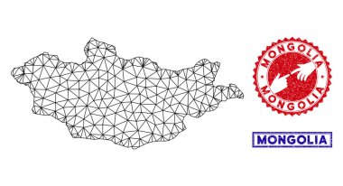 Poligonal Ağ Moğolistan Haritası ve Grunge Pullar