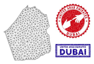 Poligonal Ağ Dubai Emirlik Haritası ve Grunge Pullar