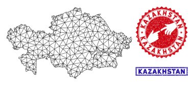 Poligonal Ağ Kazakistan Haritası ve Grunge Pullar