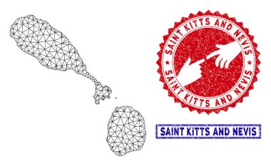 Poligonal Carcass Saint Kitts ve Nevis Haritası ve Grunge Pullar