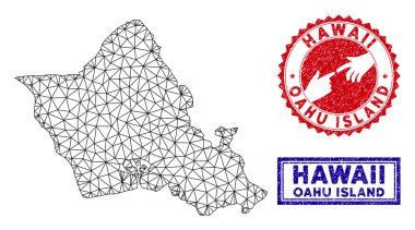 Poligonal Örgü Oahu Adası Haritası ve Grunge Pullar