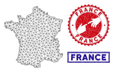 Poligonal Tel Çerçeve Fransa Haritası ve Grunge Pullar