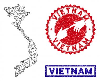 Poligonal Örgü Vietnam Haritası ve Grunge Pullar