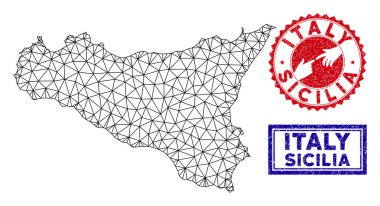 Poligonal Tel Çerçeve Sicilya Haritası ve Grunge Pullar