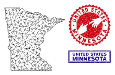 Poligonal Tel Çerçeve Minnesota Eyalet Haritası ve Grunge Pullar