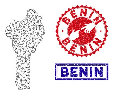 Poligonal Örgü Benin Haritası ve Grunge Pullar