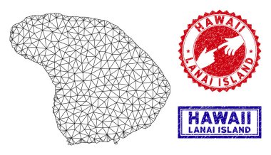 Poligonal Karkas Lanai Adası Haritası ve Grunge Pullar