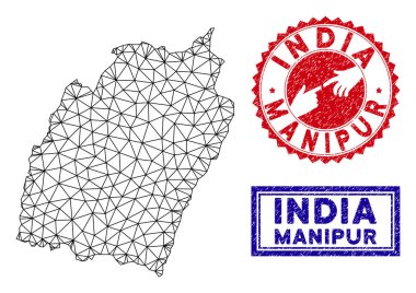 Poligonal 2d Manipur Devlet Haritası ve Grunge Pullar
