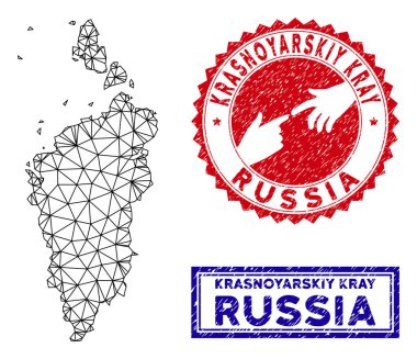 Poligonal Tel Çerçeve Krasnoyarskiy Kray Haritası ve Grunge Pullar