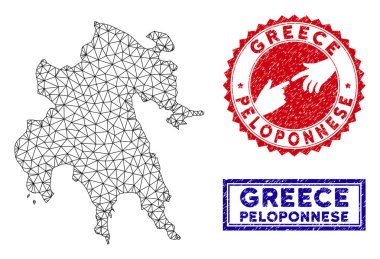 Poligonal 2d Mora Yarımadası Haritası ve Grunge Pulları