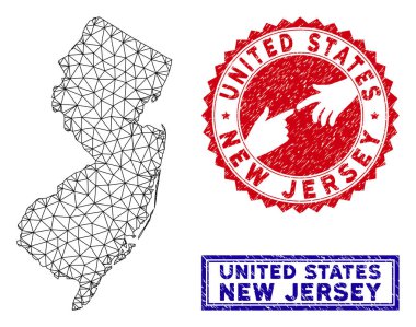 Polygonal Mesh New Jersey State Map and Grunge Stamps clipart