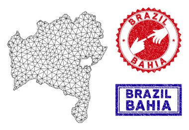 Poligonal Tel Çerçeve Bahia Devlet Haritası ve Grunge Pullar