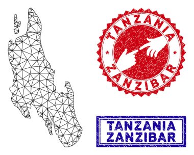 Poligonal Ağ Zanzibar Adası Haritası ve Grunge Pullar