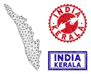Poligonal Ağ Kerala Devlet Haritası ve Grunge Pullar