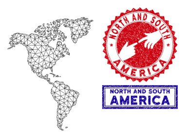 Poligonal Karkas Güney ve Kuzey Amerika Haritası ve Grunge Pullar