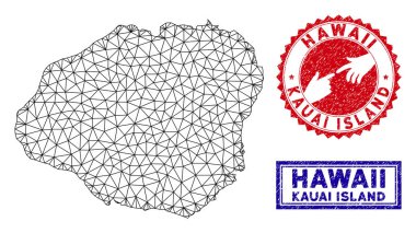 Poligonal Ağ Kauai Adası Haritası ve Grunge Pullar