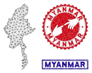 Poligonal Ağ Myanmar Haritası ve Grunge Pullar