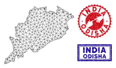 Poligonal Karkas Odisha Devlet Haritası ve Grunge Pullar