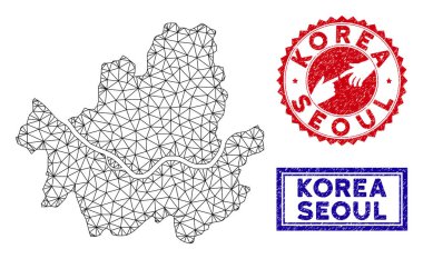 Poligonal Karkas Seul Şehir Haritası ve Grunge Pullar