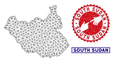 Poligonal Örgü Güney Sudan Haritası ve Grunge Pullar