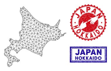 Poligonal Ağ Hokkaido Adası Haritası ve Grunge Pullar