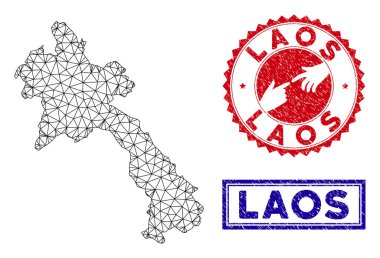 Poligonal Ağ Laos Haritası ve Grunge Pullar