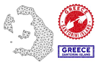 Poligonal 2d Santorini Adası Haritası ve Grunge Pullar