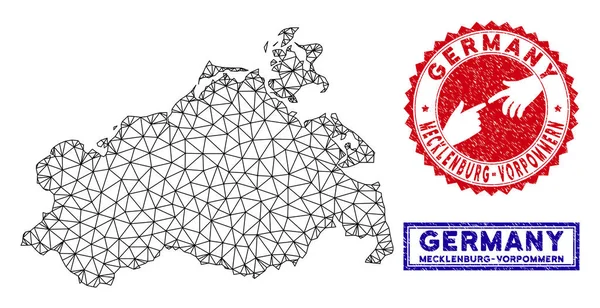Månghörnigt nätverk Mecklenburg-Vorpommern land karta och grunge frimärken — Stock vektor
