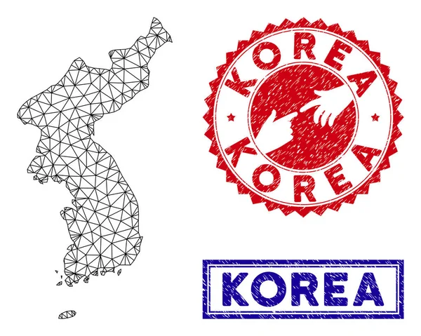 Red Poligonal Corea Mapa y Grunge Sellos — Vector de stock