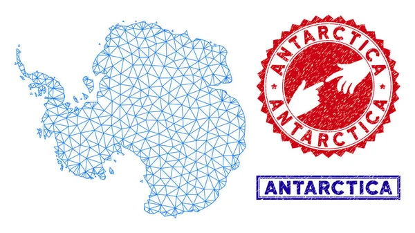 Marco de alambre poligonal Antártida Mapa y Grunge Sellos — Archivo Imágenes Vectoriales