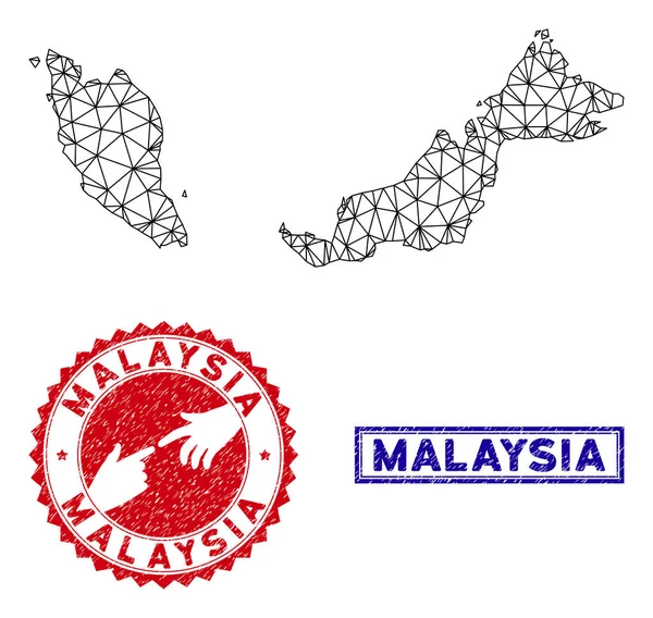 Bingkai Kabel Poligonal Peta dan Perangko Grunge Malaysia - Stok Vektor