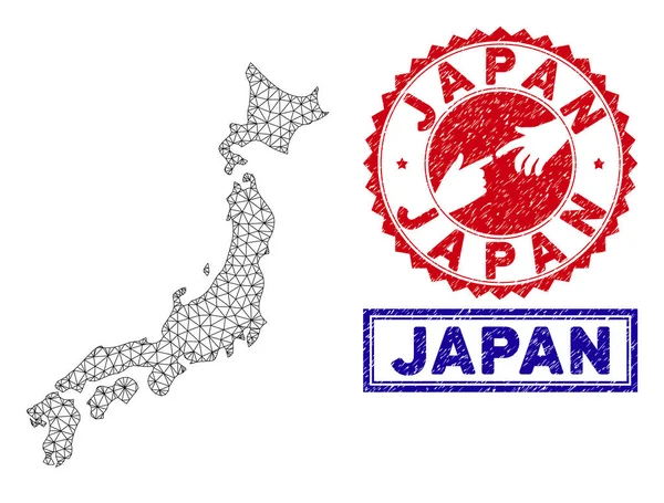 Polygonaler Drahtrahmen Japan-Karte und Grunge-Briefmarken — Stockvektor