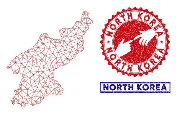 Mapa 2D poligonal da Coreia do Norte e carimbos Grunge —  Vetores de Stock