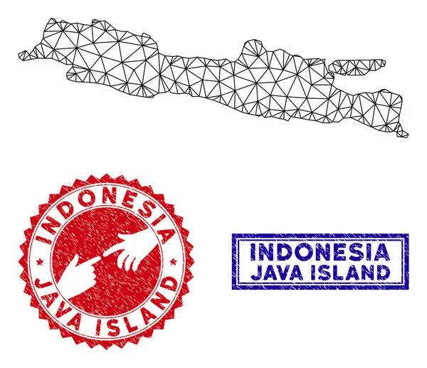 Malla poligonal Java Island Mapa y Grunge Sellos — Vector de stock