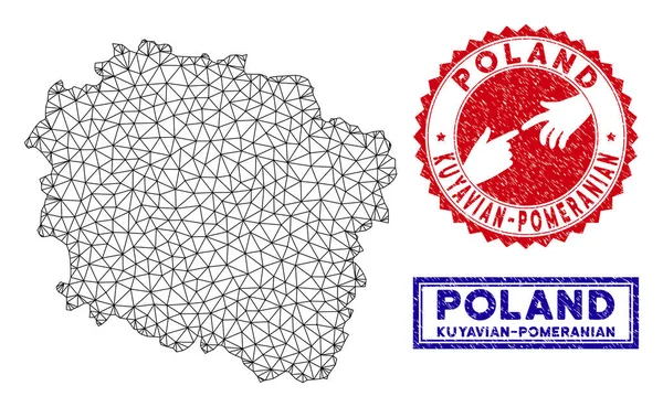 Mapa de Voivodato Poligonal 2D Kuyavian-Pomeranian y sellos de Grunge — Vector de stock