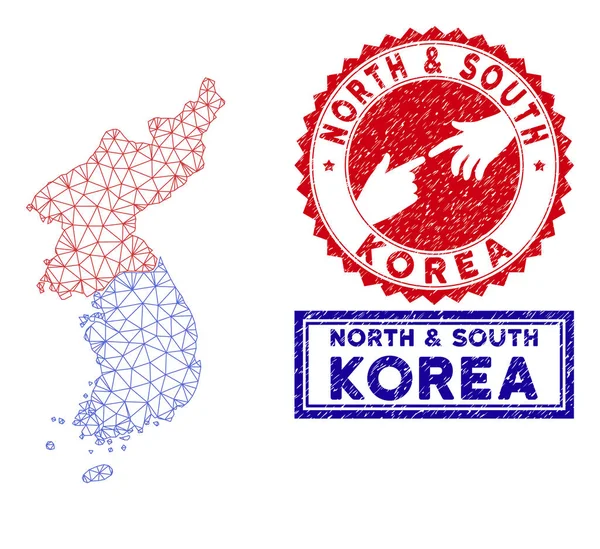 Réseau polygonal Corée du Nord et du Sud Carte et Grunge Timbres — Image vectorielle