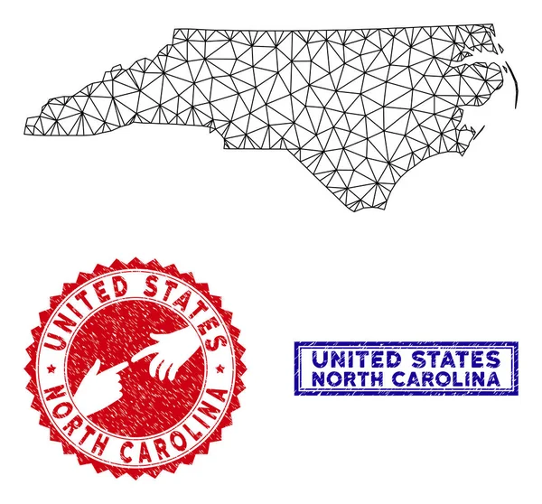 Poligonal Ağ Kuzey Carolina Devlet Haritası ve Grunge Pullar — Stok Vektör