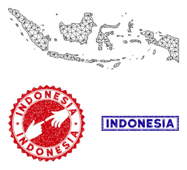 Карта Полигональной сетки Индонезии и гранж-марки
