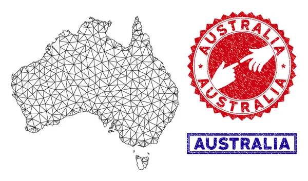 Carcasa poligonal Australia Mapa y Grunge Sellos — Vector de stock