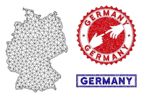 Marco de alambre poligonal Alemania Mapa y Grunge Sellos — Archivo Imágenes Vectoriales