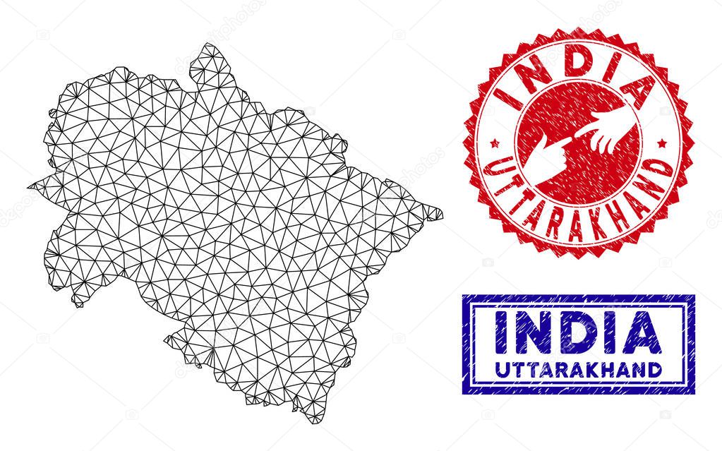 Polygonal Wire Frame Uttarakhand State Map and Grunge Stamps