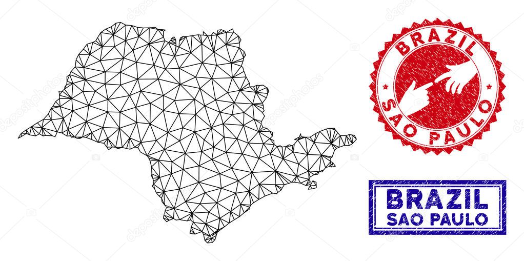 Polygonal Wire Frame Sao Paulo State Map and Grunge Stamps