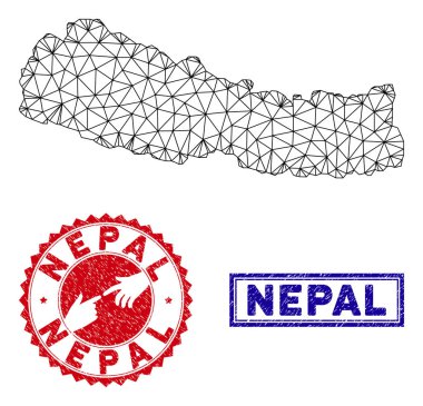 Poligonal Ağ Nepal Haritası ve Grunge Pullar