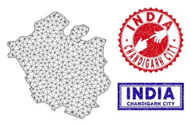 Poligonal Tel Çerçeve Chandigarh Şehir Haritası ve Grunge Pullar