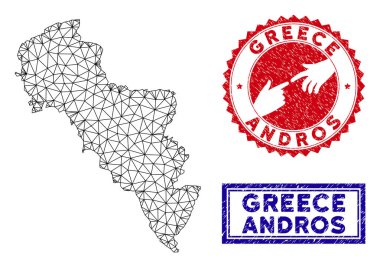 Yunanistan'ın Çokgen Örgü Andros Adası Haritası ve Grunge Pulları