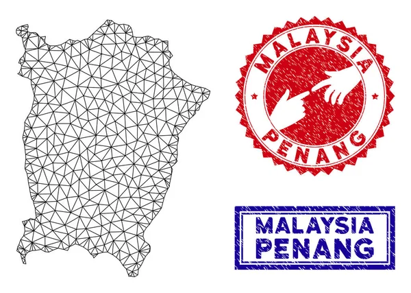 Mapa da ilha de Penang de rede poligonal e carimbos de Grunge —  Vetores de Stock