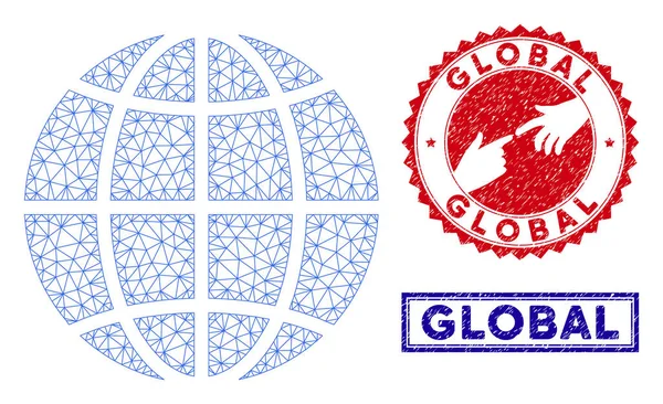 Maille Polygonale Planète Globe et Grunge Timbres — Image vectorielle