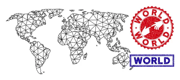 Maglia poligonale Mappa del mondo e francobolli Grunge — Vettoriale Stock