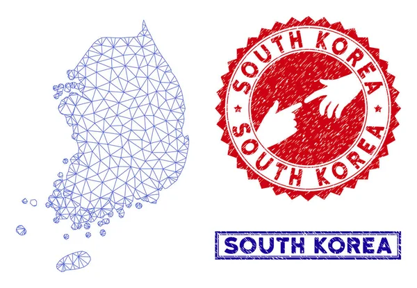 Malla poligonal Corea del Sur Mapa y Grunge Sellos — Vector de stock