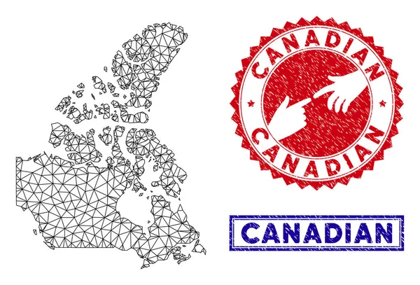 Polygonale Karkasse Canada v2 Karte und Grunge-Marken — Stockvektor